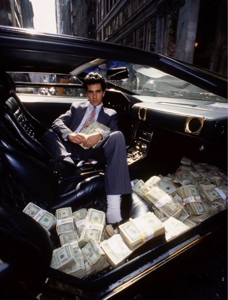 A man in a pinstripe suit lounging in a black sports car, its footwell stacked with cash